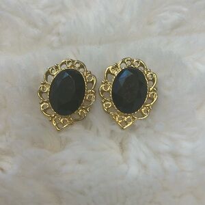 Black Bejeweled Ornate  Gold Metallic Earrings